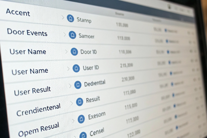 Tablet-style screen showing an access-control event log with columns for door events, user names, credentials and results