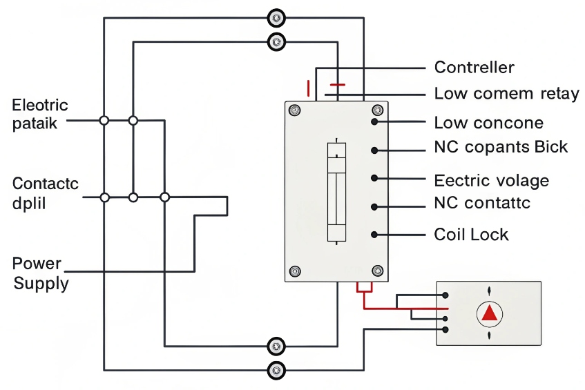 Wiring schematic for an electric door lock showing power supply, contacts, controller relay and lock coil connections labeled along the diagram