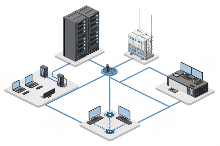Isometric network diagram showing multiple workstations and operator consoles connected via blue links to a central hub and large server racks