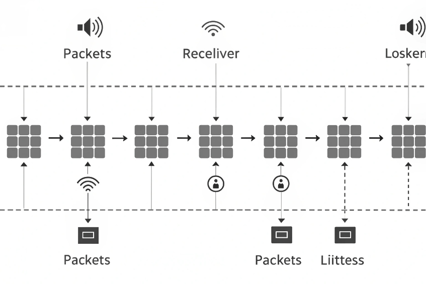 Monochrome diagram of a series of packet blocks moving left to right through stages labeled Packets, Receiver and Loskerr with arrows indicating continuous streaming