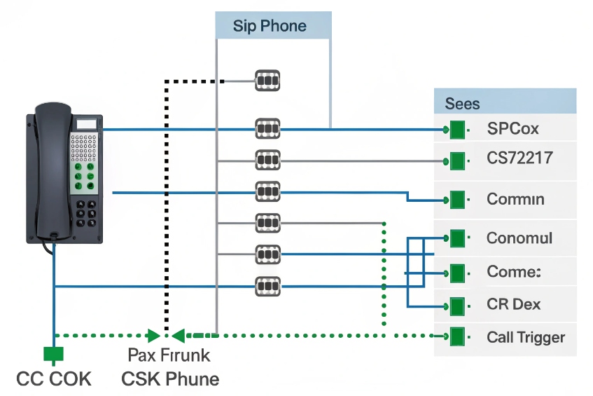Schematic showing a SIP desk phone wired to multiple relay blocks, with lines going to labeled destinations such as SPCox, CS72217, Commin, Conomul, CR Dex and Call Trigger