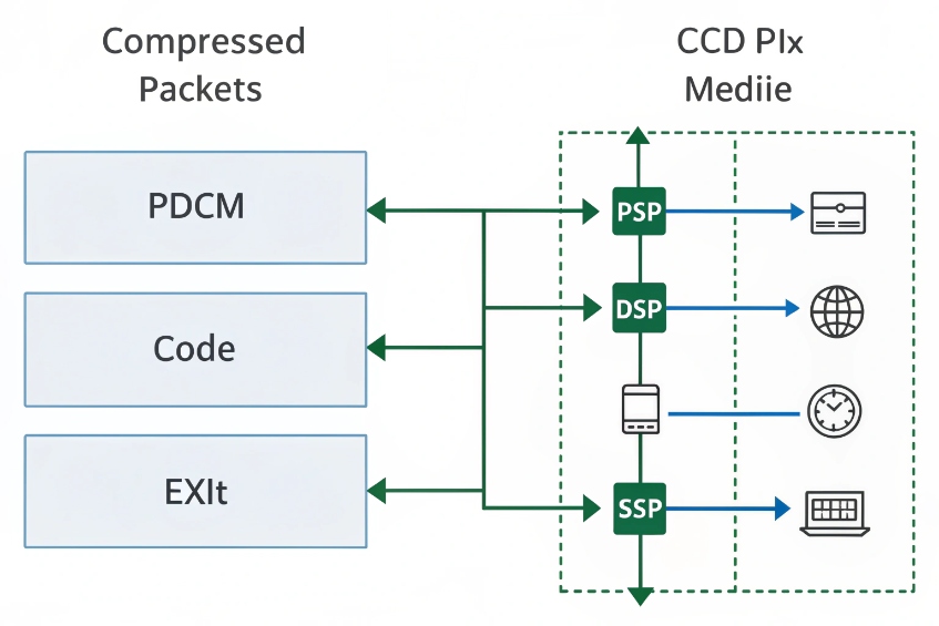 Diagram labeled Compressed Packets feeding into a CCD Plx Mediie block containing PSP, DSP and SSP paths that output to icons representing cards, web, clocks and laptops