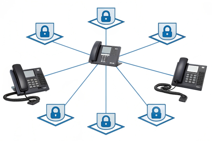 Three IP desk phones arranged in a triangle, each connected by lines to padlock icons, representing a secure, encrypted business phone network