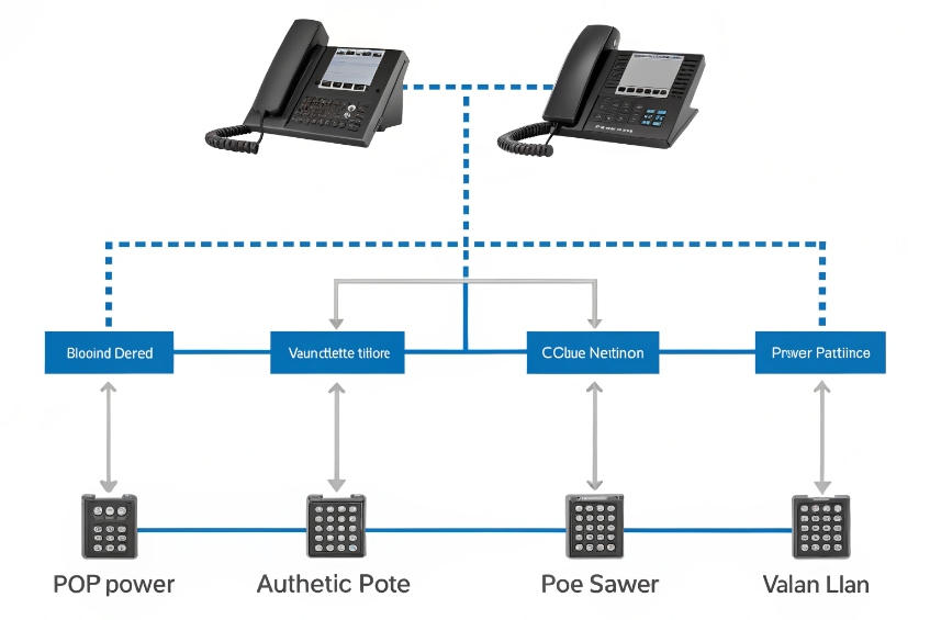 Two IP phones at the top of a flow diagram feeding into blue blocks that fan out to four keypad icons at the bottom, symbolizing call control, authentication, PoE switching and VLAN policies