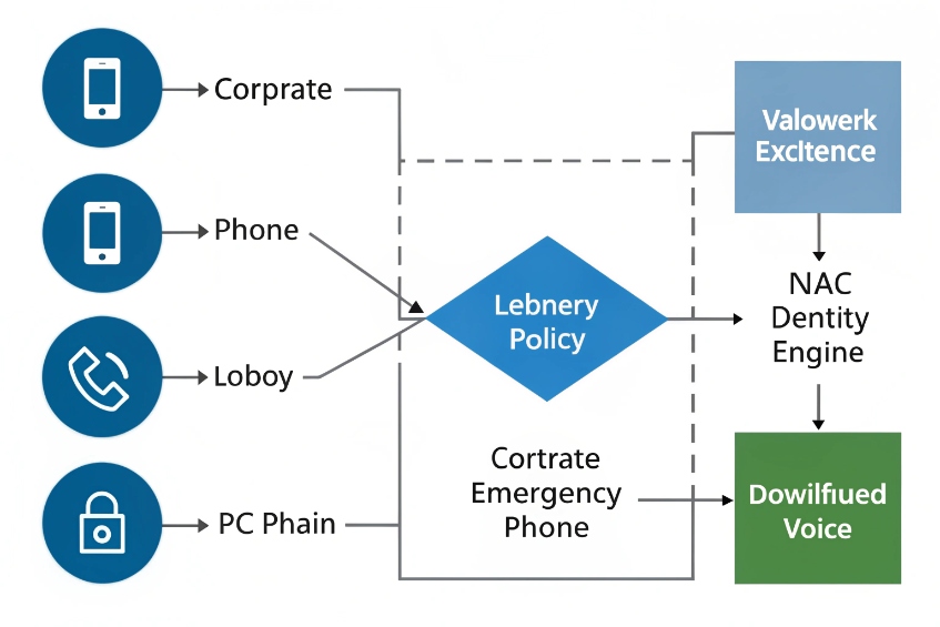Policy diagram showing icons for corporate mobile, personal mobile, lobby phone and secured PC feeding into a blue diamond labeled policy, which then connects to a NAC/identity engine and a dedicated emergency phone/voice service