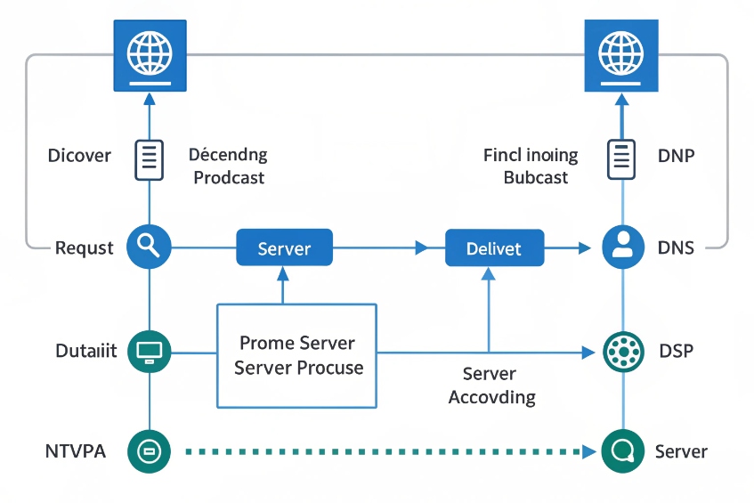 Flow diagram showing a web client sending a request through a server and delivery component to another endpoint, with icons for DNS, data, and processing along the path