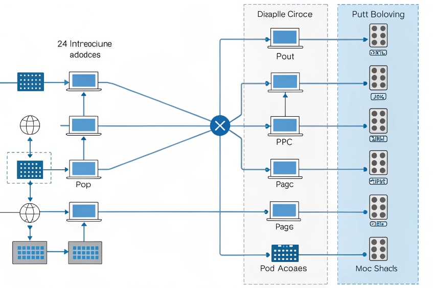 Network topology chart with multiple workstations on the left feeding into a central switch that fans out to application services and vertical blocks of ports on the right