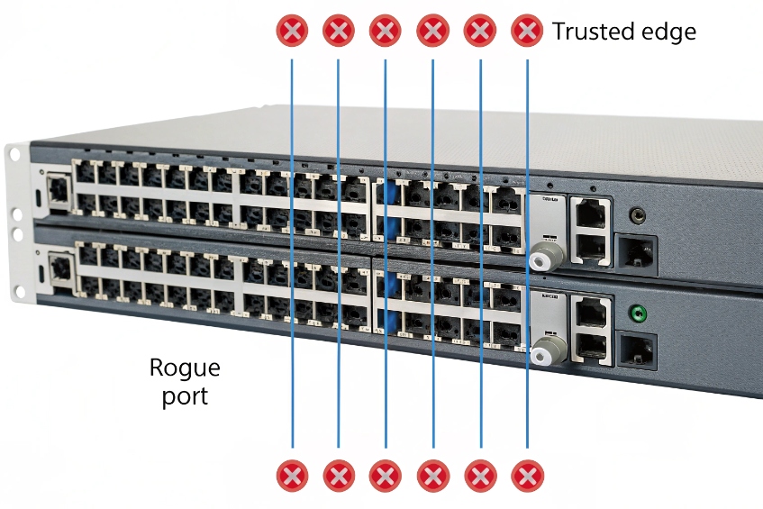 Close-up of two stacked Ethernet switches with all front ports visible, vertical blue lines marking specific jacks and red X icons indicating blocked or rogue ports versus a trusted edge section