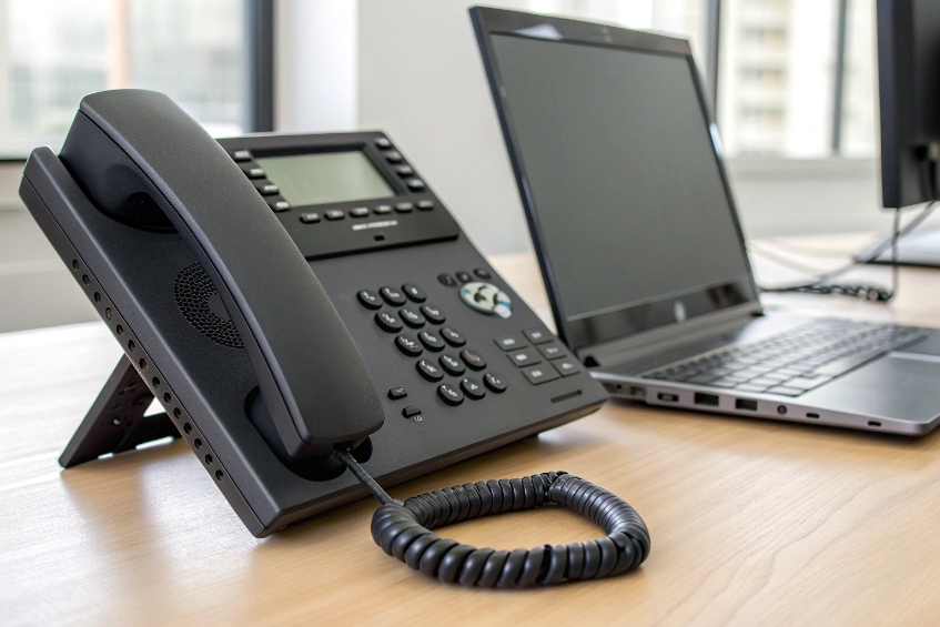 Modern IP desk phone next to an open laptop on a wooden desk in a bright office, representing integrated VoIP telephony for business users