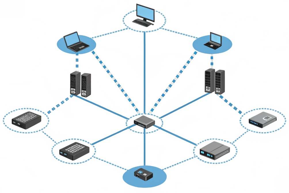 VoIP and data devices connected in centralized IP PBX and SIP network topology