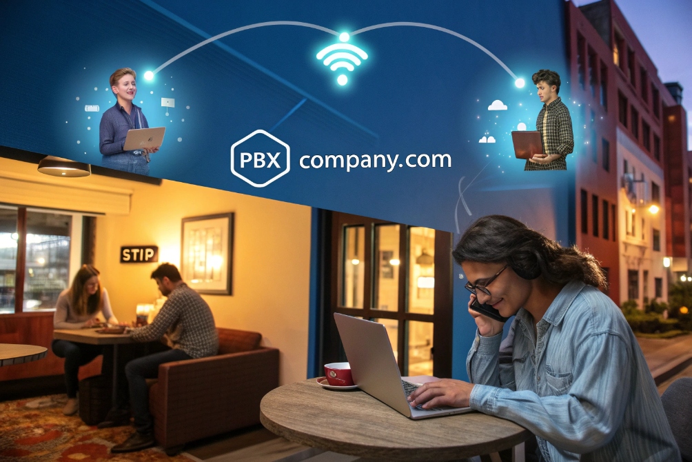Remote workers using hosted PBX platform for unified VoIP communication over internet