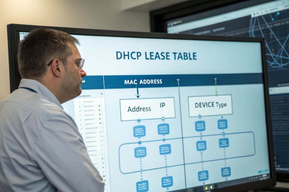 Engineer reviewing DHCP lease table showing MAC IP and device type mapping
