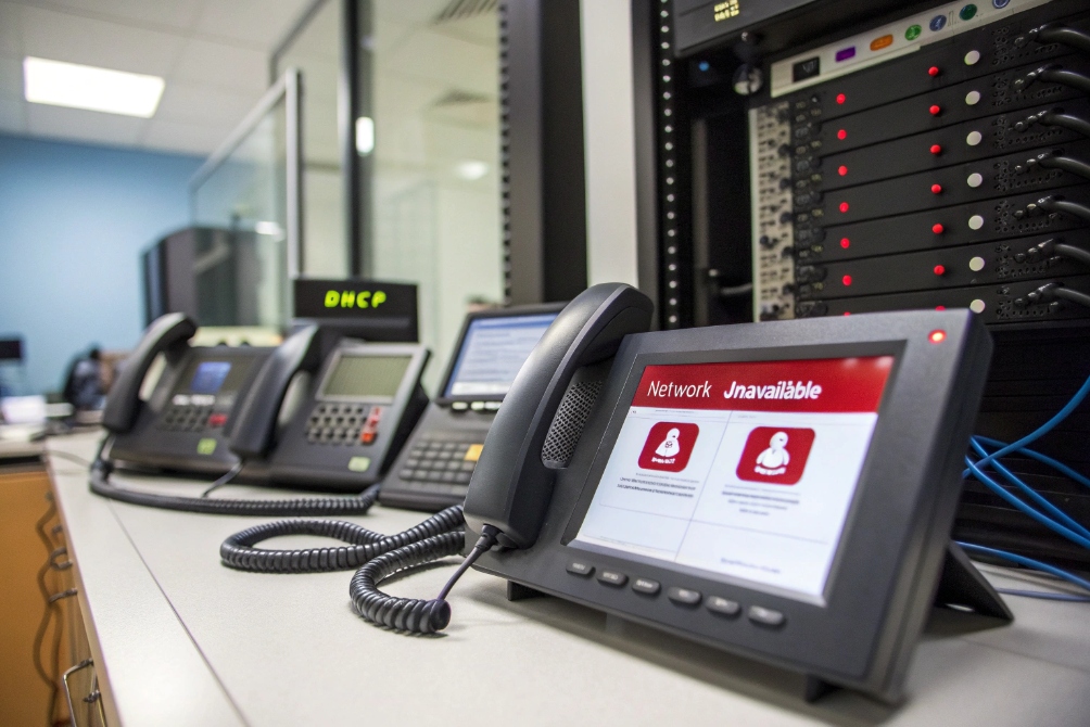 Server room IP phones showing network unavailable warning beside DHCP communication equipment