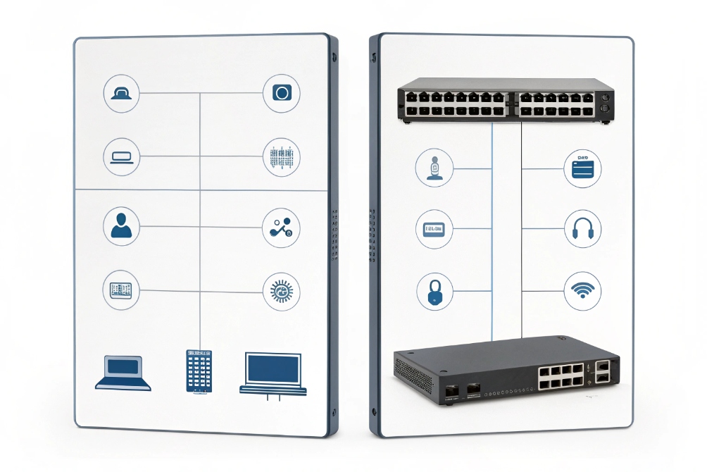 PoE network switch connecting IP phones SIP intercoms cameras and IoT devices