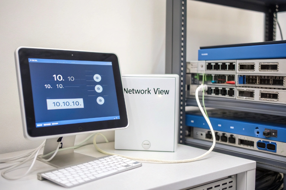 Tablet showing IP address settings for VoIP gateway beside Ethernet switches