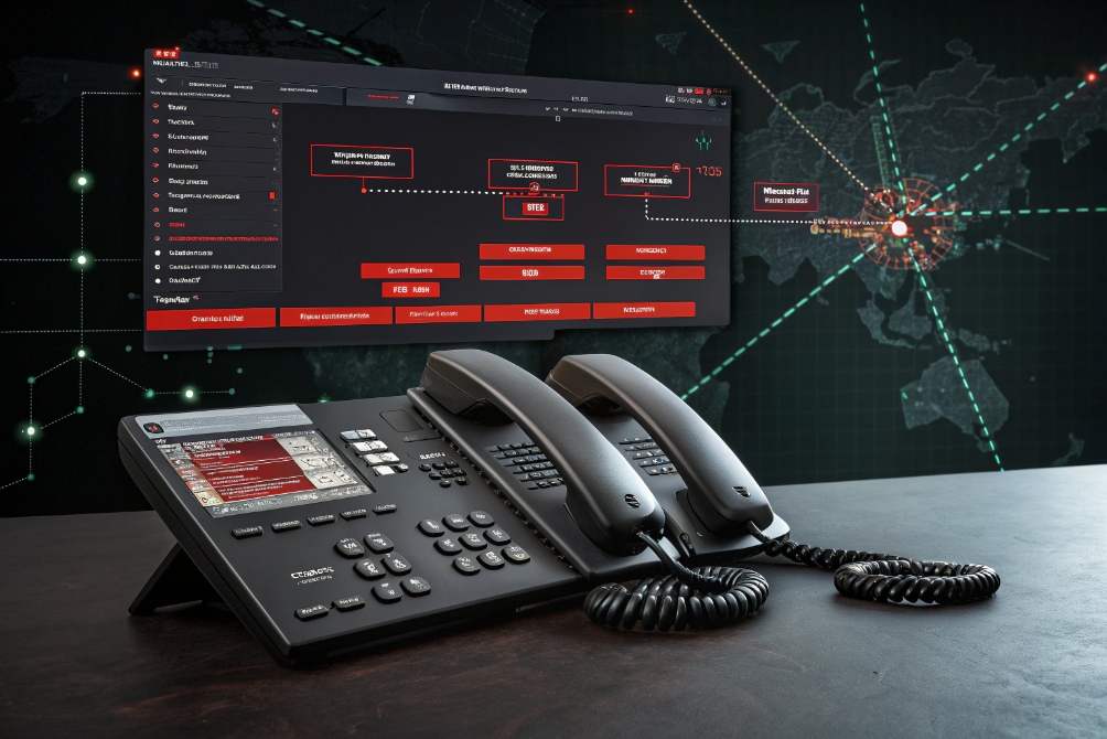 Emergency dispatch VoIP phones in front of incident management console and world map
