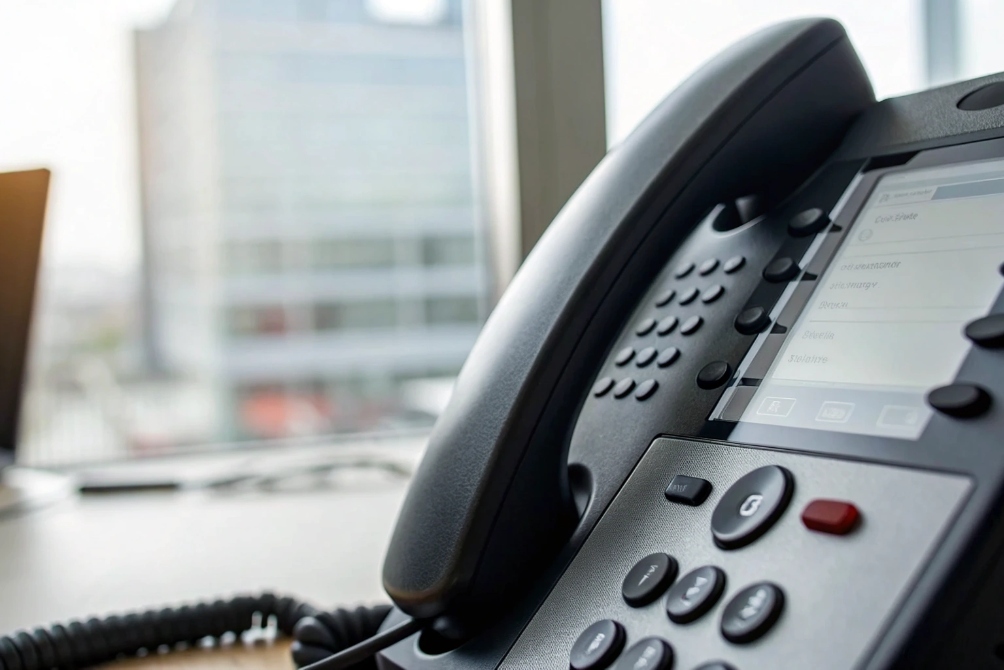 Close up SIP desk IP phone on modern office window sill