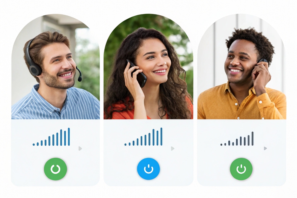 VoIP call agents using headsets and mobile phones with clear HD voice signal indicators