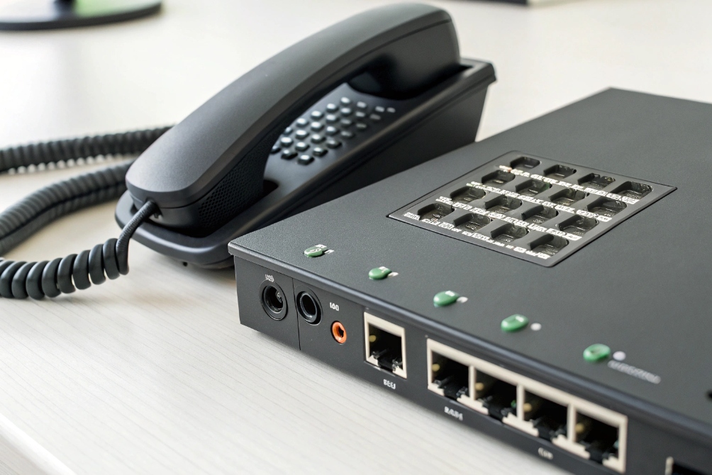 Desk SIP phone connected to VoIP gateway with FXS ports and status LEDs