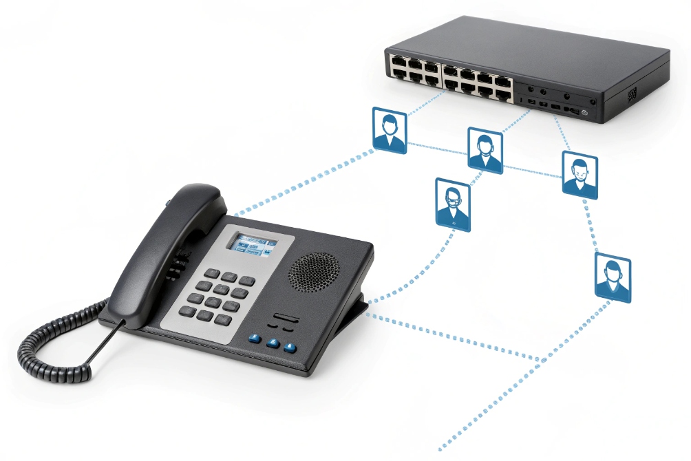 Office IP phone linked to network switch routing calls between multiple SIP extensions