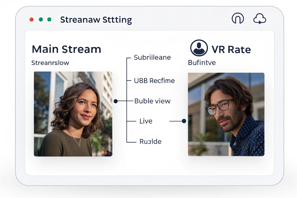 Video call streaming settings interface comparing main and sub streams for two users