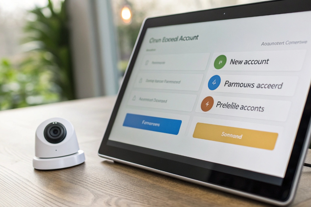 Tablet managing cloud IP camera account beside indoor WiFi surveillance camera on desk