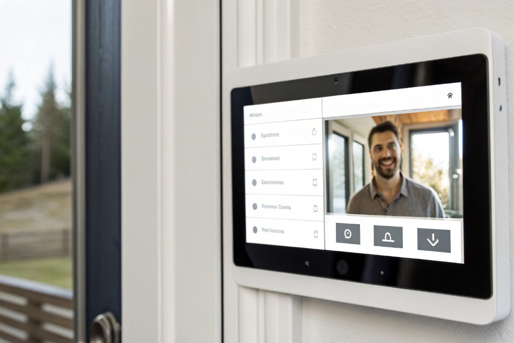 Indoor video intercom monitor showing visitor at door with on screen control icons