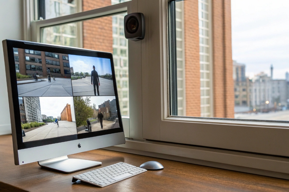 Desktop security software displaying multi camera city surveillance views on large monitor