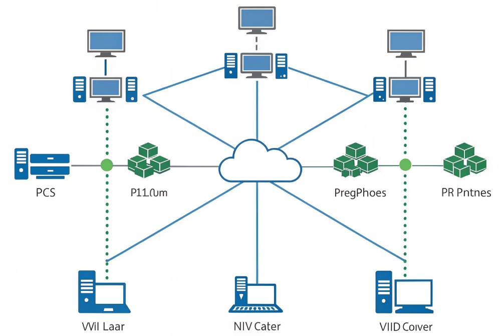 Cloud based enterprise network diagram connecting branch offices servers and applications through central platform