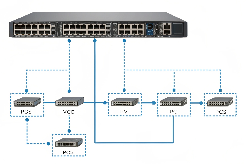 Managed Ethernet switch topology diagram linking distribution switches and core devices for IP network