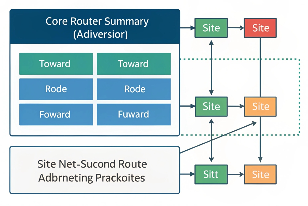 Core router summary diagram showing multi site routing paths and redundancy between locations