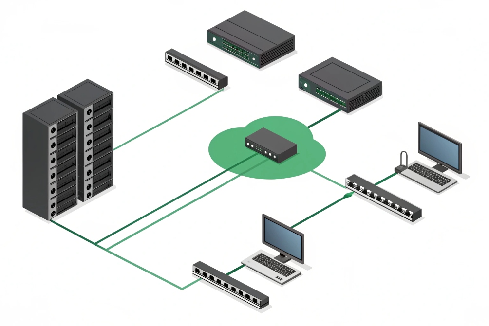 Small business IP network topology connecting servers switches routers and desktop PCs