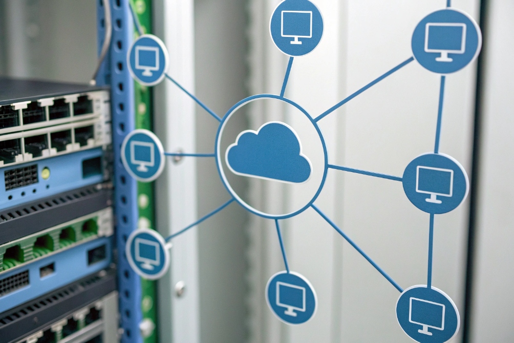 Cloud networking concept connecting data center switches with multiple user workstations
