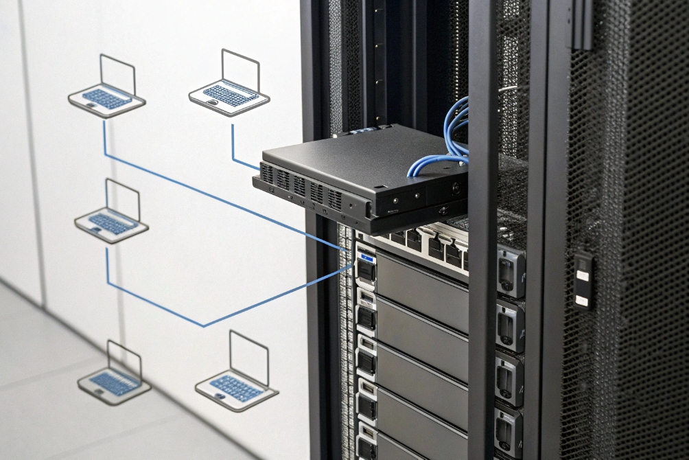 Rack server distributing network connections to multiple laptops in enterprise data center