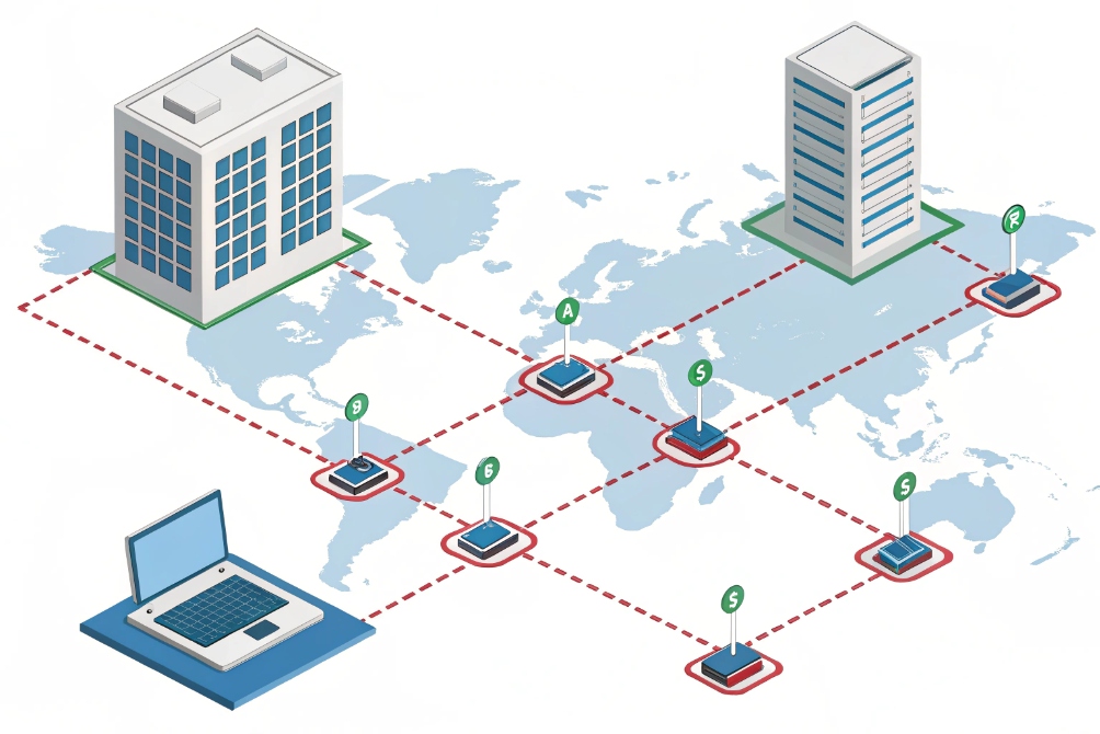 Global SD WAN diagram linking headquarters data center branch offices and remote user laptop