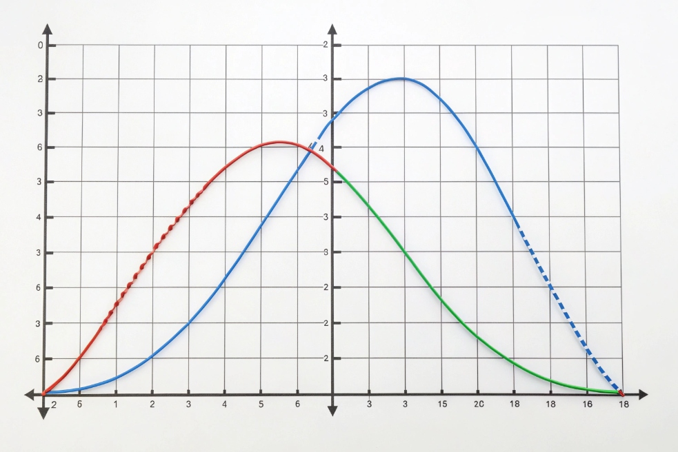 Comparison of audio companding curves on Cartesian graph with three colored lines