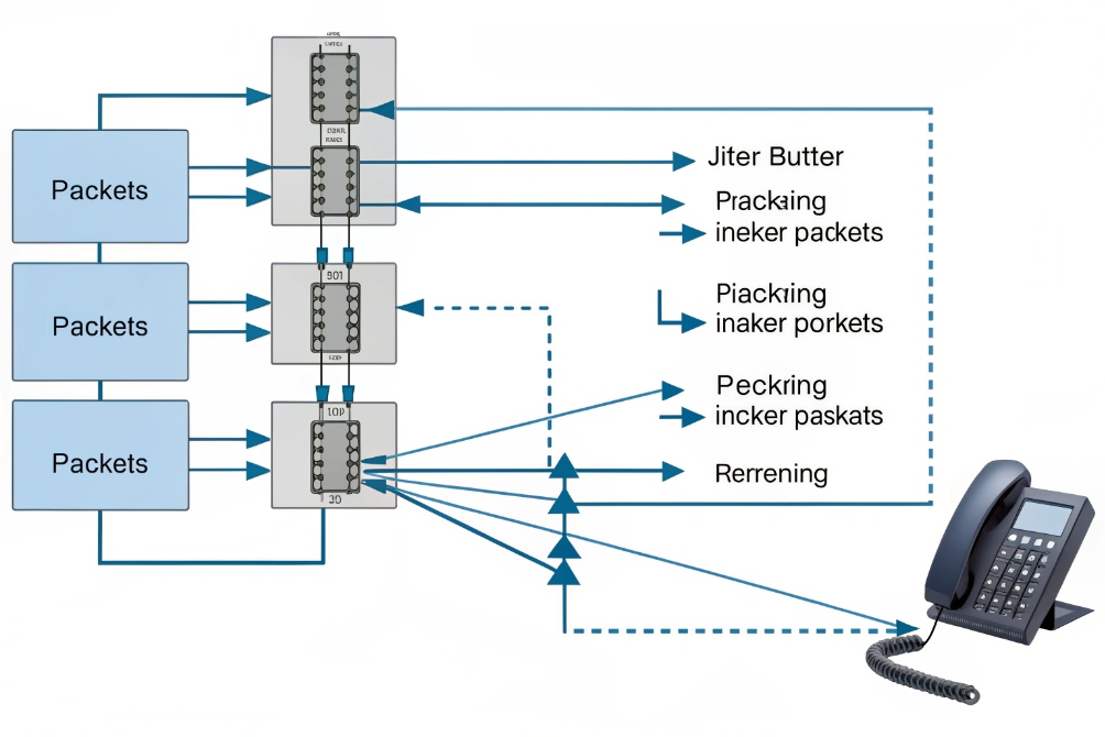 VoIP packet processing diagram including jitter buffer and reconstruction to desk IP phone