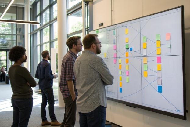 Project team designing contact center routing on digital whiteboard