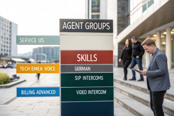 Businessman viewing agent groups sign listing SIP intercom support skills