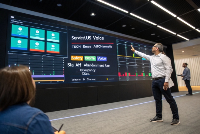 Manager explaining live voice service dashboards on large KPI video wall