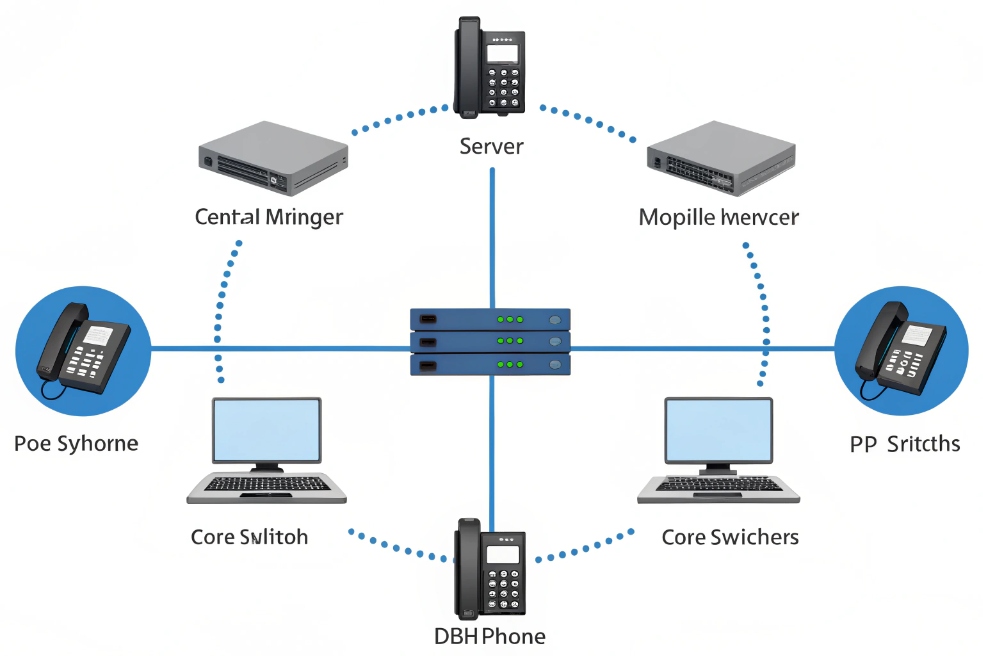 VoIP PBX network diagram connecting IP phones servers and core switches