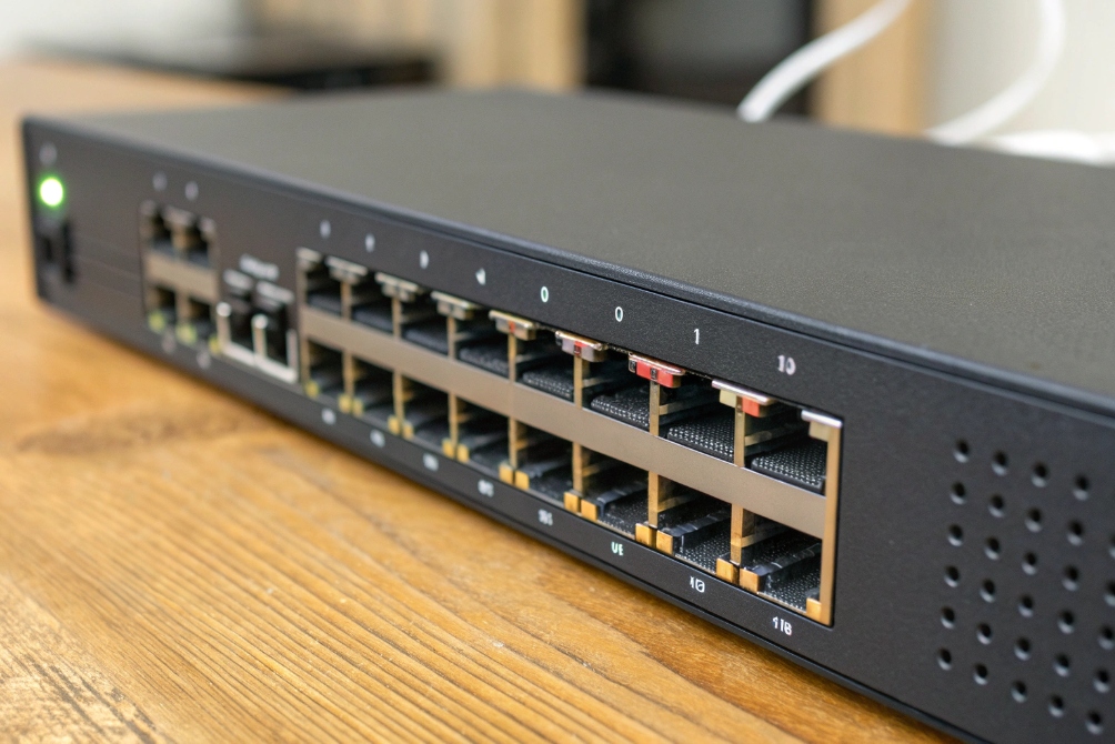 Gigabit PoE Ethernet network switch with multiple RJ45 ports on wooden desk