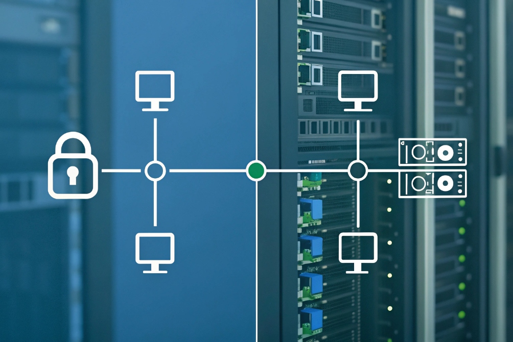 Secure segmented LAN diagram overlaying enterprise data center server racks