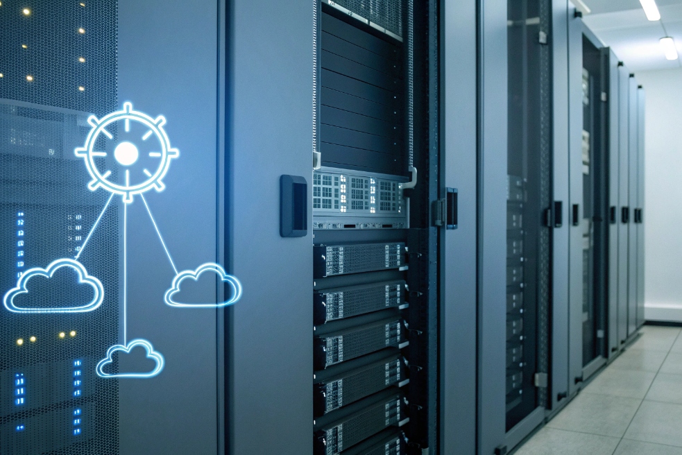 Cloud orchestration icon overlay on server racks representing hybrid data center infrastructure