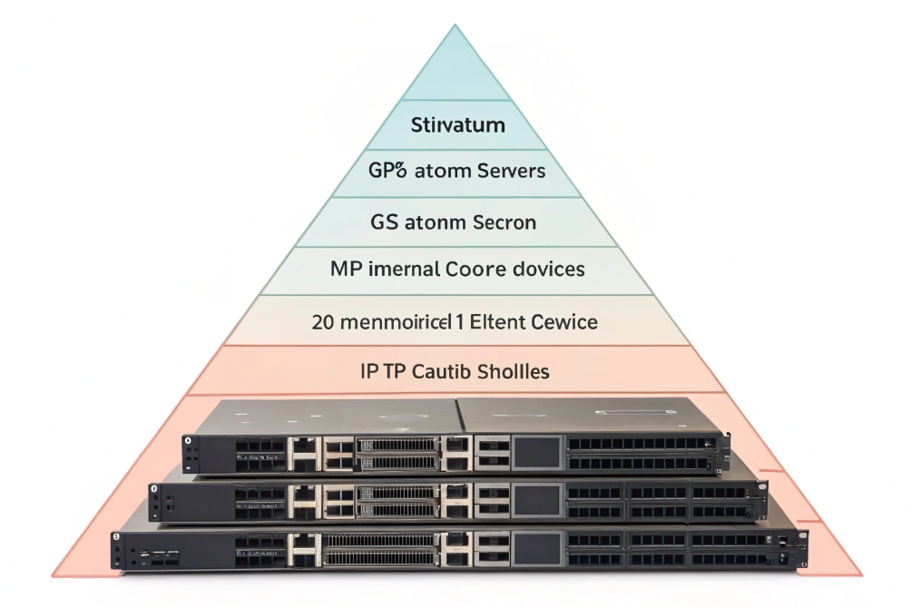 Stacked core network switches with service priority pyramid showing layered infrastructure roles