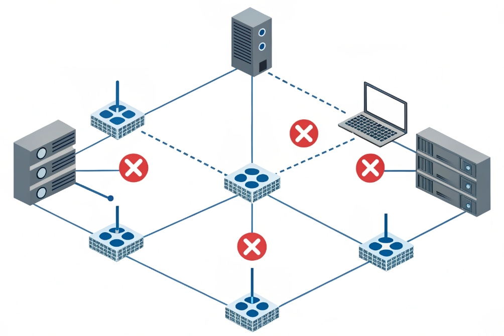 Network topology diagram illustrating router failures and broken connections between servers and laptop