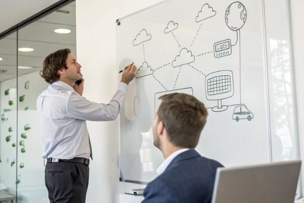 Engineer on phone drawing global cloud and IoT connectivity diagram