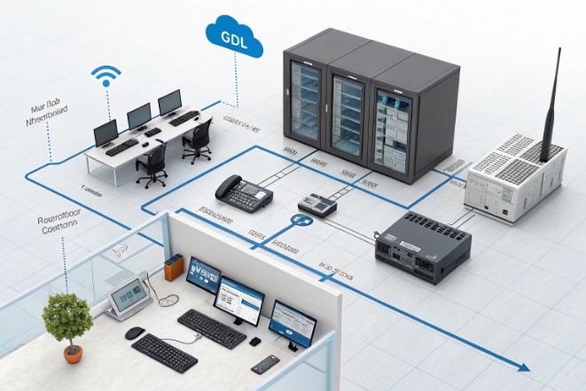 VoIP test lab layout with IP PBX, servers and operator workstations