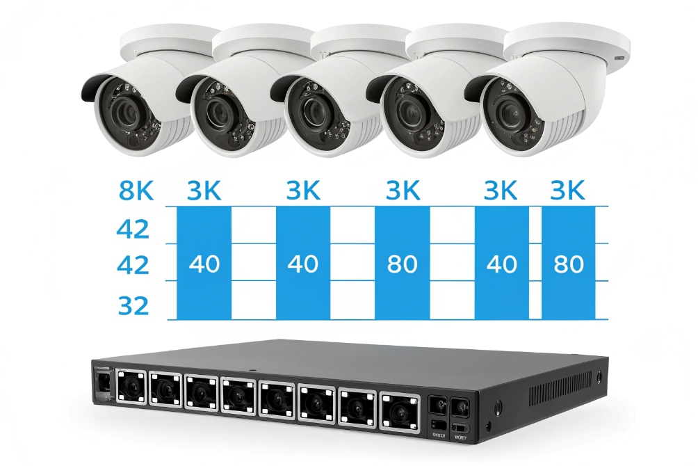 Five dome IP cameras connected to NVR with resolution and channel capacity chart