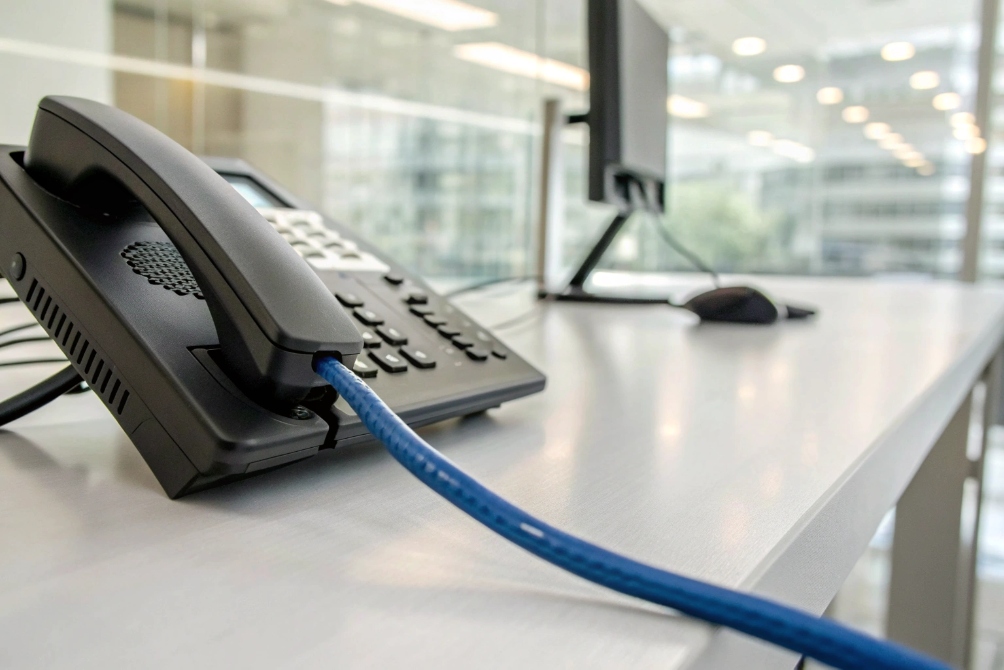 SIP desk IP phone connected with blue Ethernet cable in modern office